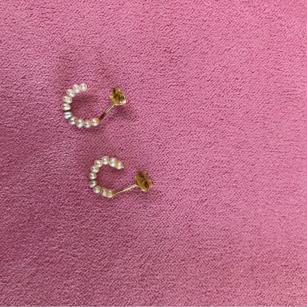 Catbird baby pearl hoops 14k Gold Pearl Half-Hoop Stud Earrings on White Pearls